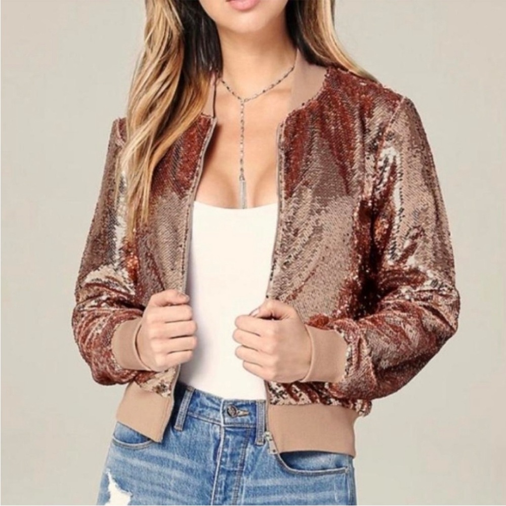 Bebe Women’s Rose Gold Sequins Pink Bomber Jacket Sparkly Vintage Small